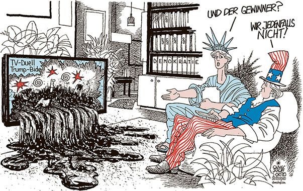 Oliver Schopf, politischer Karikaturist aus Österreich, politische Karikaturen aus Österreich, Karikatur Cartoon Illustrationen Politik Politiker international 2020: USA PRÄSIDENTENWAHL TRUMP BIDEN TV DUELL SCHLAMMSCHLACHT WOHNZIMMER UNCLE SAM FREIHEIT FREIHEITSSTATUE LADY LIBERTY
GEWINNER VERLIERER




