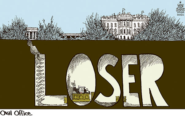  Oliver Schopf, politischer Karikaturist aus Österreich, politische Karikaturen, Illustrationen Archiv politische Karikatur Welt USA Präsidentenwahl 2020 USA WEISSES HAUS OVAL OFFICE TRUMP LOSER BUNKER PRÄSIDENTENWAHL JOE BIDEN MANIPULATION FÜHRERBUNKER 
