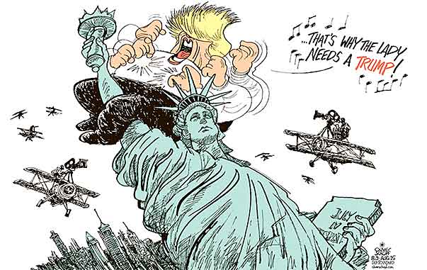  Oliver Schopf, politischer Karikaturist aus Österreich, politische Karikaturen, Illustrationen Archiv politische Karikatur Welt USA Präsidentenwahl 2015 USA PRAESIDENTENWAHL 2016 DONALD TRUMP HAARE FRISUR FREIHEITSSTATUE KING KONG THAT’S WHY THE LADY NEEDS A TRAMP  



