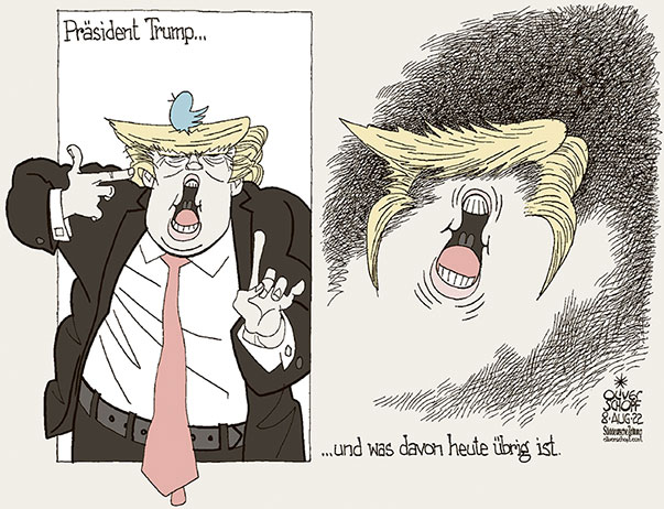 Oliver Schopf, politischer Karikaturist aus Österreich, politische Karikaturen aus Österreich, Karikatur Cartoon Illustrationen Politik Politiker international, Süddeutsche Zeitung, Seite 4, Meinung, 2022:
DONALD TRUMP PRÄSIDENT REST ÜBRIG NEUE KANDIDATUR WAHLKAMPF FRISUR TWITTER KRAWATTE 



