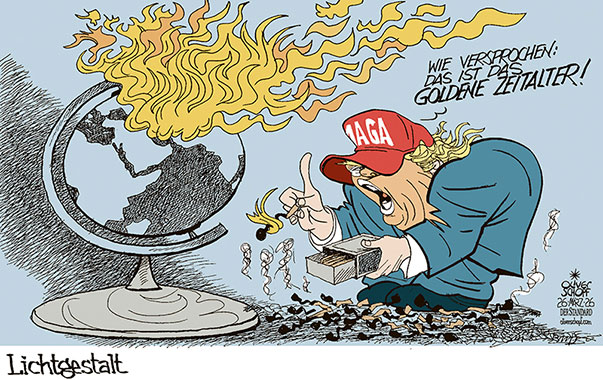 Oliver Schopf, politischer Karikaturist aus Österreich, politische Karikaturen aus Österreich, Karikatur Cartoon Illustrationen Politik Politiker international @oliverschopf.bsky.social 2026: IRAN KRIEG NAHER OSTEN TRUMP LICHTGESTALT FEUER ZÜNDELN ZÜNDHÖLZER BRENNEN BRAND LICHTERLOH GOLDENES ZEITALTER GLOBUS 


