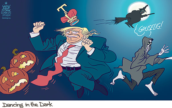 Oliver Schopf, politischer Karikaturist aus Österreich, politische Karikaturen aus Österreich, Karikatur Cartoon Illustrationen Politik Politiker international @oliverschopf.bsky.social 2025: USA TRUMP HALLOWEEN DANCING IN THE DARK KÜRBIS GRUSELIG GESPENST GEIST VOLLMOND
 






























