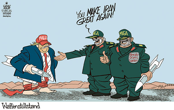 Oliver Schopf, politischer Karikaturist aus Österreich, politische Karikaturen aus Österreich, Karikatur Cartoon Illustrationen Politik Politiker international @oliverschopf.bsky.social 2026: IRAN KRIEG TRUMP WAFFENSTILLSTAND ZWEI WOCHEN HOSEN RUNTER MAGA MAKE IRAN GREAT AGAIN REVOLUTIONSGARDEN 


