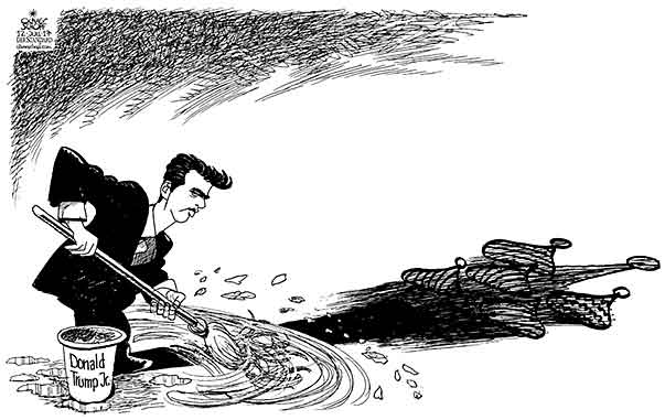 Oliver Schopf, editorial cartoons from Austria, cartoonist from Austria, Austrian illustrations, illustrator from Austria, editorial cartoon Donald Trump president of the united states of america USA DONALD TRUMP JR RUSSIA MOSCOW SHADOW E-MAILS ELECTIONS CLEANING WIPE MOP   
