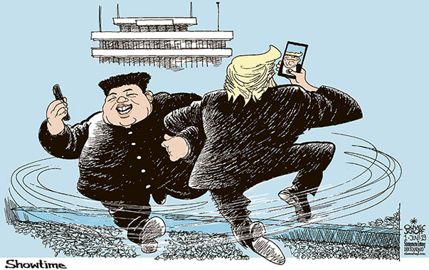 Oliver Schopf, editorial cartoons from Austria, cartoonist from Austria, Austrian illustrations, illustrator from Austria, editorial cartoon North Korea 2019 TRUMP KIM MEETING BORDER NORTH KOREA  PANMUNJOM DANCE SELFIE SHOWTIME SHOW 
