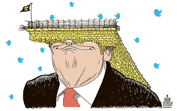 Oliver Schopf, politischer Karikaturist aus Österreich, politische Karikaturen aus Österreich, Karikatur Cartoon Illustrationen Politik Politiker international 2018 
USA TRUMP MAUER MEXIKO BRETT VOR DEM KOPF SHUT DOWN TWITTER KONGRESS FRISUR HAARE             
