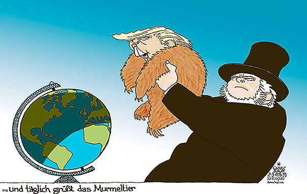 Oliver Schopf, politischer Karikaturist aus Österreich, politische Karikaturen aus Österreich, Karikatur Cartoon Illustrationen Politik Politiker international 2019 
USA KLIMA WELTPOLITIK GLOBUS MURMELTIERTAG TRUMP PUNXSUTAWNEY PHIL GOBBLER‘S KNOB SCHATTEN FRÜHLING WINTER UND TÄGLICH GRÜSST DAS MURMELTIER           
