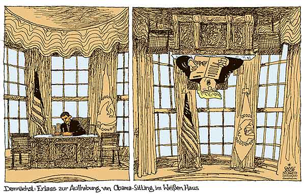  Oliver Schopf, politischer Karikaturist aus Österreich, politische Karikaturen, Illustrationen Archiv politische Karikatur Welt USA Donald Trump Präsident der Vereinigten Staaten von Amerika 2017 USA WEISSES HAUS TRUMP OBAMACARE KLIMAABKOMMEN OVAL OFFICE 



