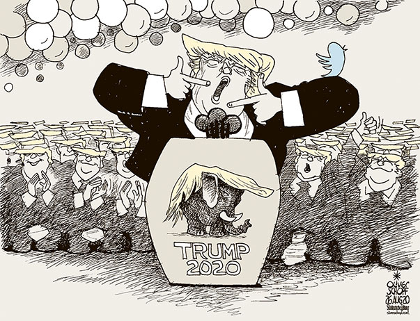 Oliver Schopf, editorial cartoons from Austria, cartoonist from Austria, Austrian illustrations, illustrator from Austria, editorial cartoon politics politician International, Politico, Cartoon Arts International, 2020: USA PRESIDENT ELECTIONS CONVENTION REPUBLICANS GOP TRUMP ELEFANT TWITTER   
