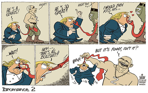 Oliver Schopf, editorial cartoons from Austria, cartoonist from Austria, Austrian illustrations, illustrator from Austria, editorial cartoon politics politician International, Cartoon Movement, @oliverschopf.bsky.social 2025: USA RUSSIA TRUMP PUTIN RELATIONHIP FRIENDS BROMANCE WORRY ANGER BULLSHIT NOSERING TIE DEPENDENCE UKRAINE WAR WEAPONS 


 




























