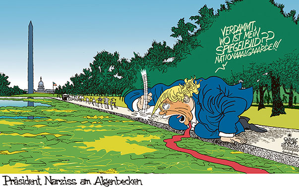 Oliver Schopf, politischer Karikaturist aus Österreich, politische Karikaturen aus Österreich, Karikatur Cartoon Illustrationen Politik Politiker international @oliverschopf.bsky.social 2026: USA TRUMP REFLEXIONSBECKEN WASHINGTON DC FARBE GRÜN ALGEN NARZISS SPIEGELBILD ALGENBEFALL 



