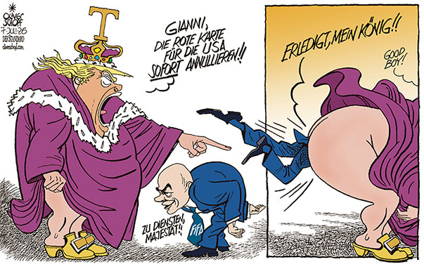 Oliver Schopf, politischer Karikaturist aus Österreich, politische Karikaturen aus Österreich, Karikatur Cartoon Illustrationen Politik Politiker international @oliverschopf.bsky.social 2026: FUSSBALL WM MEXIKO USA KANADA TRUMP GIANNI INFANTINO ROTE KARTE FOLARIN BALOGUN AUSSCHLUSS REVIDIEREN KÖNIG KISS MY ASS BEEINFLUSSUNG MANIPULATION TELEFONAT 




