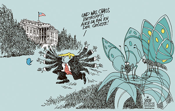  Oliver Schopf, politischer Karikaturist aus Österreich, politische Karikaturen, Illustrationen Archiv politische Karikatur Welt USA Donald Trump Präsident der Vereinigten Staaten von Amerika 2018 USA TRUMP WEISSES HAUS WHITE HOUSE CHAOS ANONYMER KOMMENTAR WIDERSTAND MITARBEITER SCHMETTERLING  





