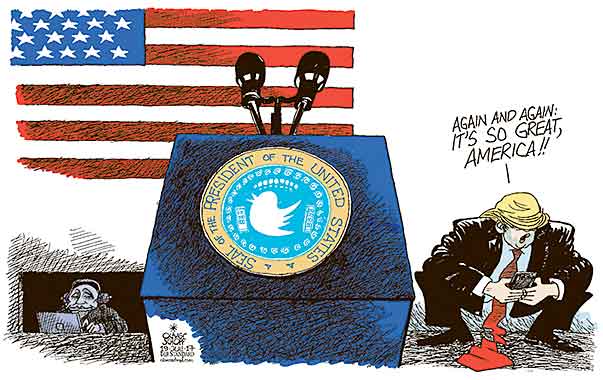 Oliver Schopf, editorial cartoons from Austria, cartoonist from Austria, Austrian illustrations, illustrator from Austria, editorial cartoon Donald Trump president of the united states of america USA  TRUMP SEAL OF THE PRESIDENT TWITTER TWEET SPEECH PUTIN RUSSIA SPY FLAG STARS AND STRIPES    
