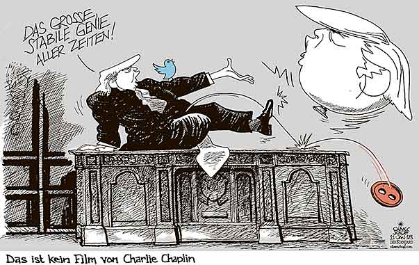  Oliver Schopf, politischer Karikaturist aus Österreich, politische Karikaturen, Illustrationen Archiv politische Karikatur Welt USA Donald Trump Präsident der Vereinigten Staaten von Amerika 2017 USA OVAL OFFICE TRUMP STABILES GENIE DER GROSSE DIKTATOR CHAPLIN FILM TWEET TWITTER ROTER KNOPF LUFTBALLON 




