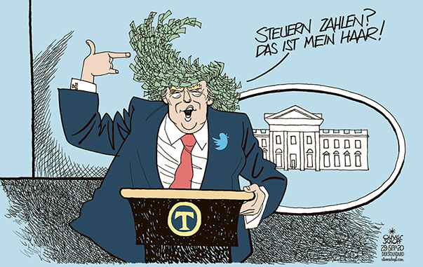  Oliver Schopf, politischer Karikaturist aus Österreich, politische Karikaturen, Illustrationen Archiv politische Karikatur Welt USA Donald Trump Präsident der Vereinigten Staaten von Amerika 2020 USA TRUMP STEUERERKLÄRUNG HAARE FRISUR HAIRSTYLING THE APPRENTICE NEW YORK TIMES PRESSEKONFERENZ WEISSES HAUS 



