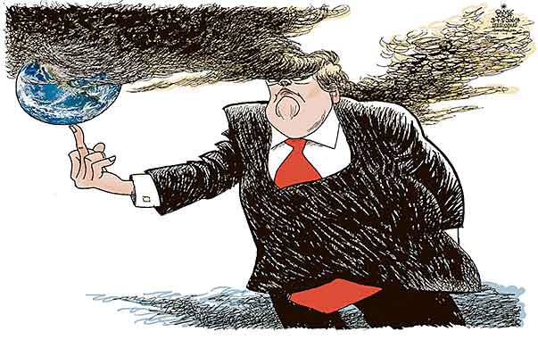  Oliver Schopf, politischer Karikaturist aus Österreich, politische Karikaturen, Illustrationen Archiv politische Karikatur Welt Klima und Umwelt 2017 USA TRUMP KLIMA KLIMAWANDEL PARISER ABKOMMEN CO2 KOHLE ÖL GAS HAARE RAUCH EMISSIONEN STINKEFINGER
