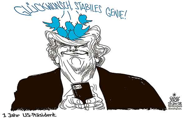  Oliver Schopf, politischer Karikaturist aus Österreich, politische Karikaturen, Illustrationen Archiv politische Karikatur Welt USA Donald Trump Präsident der Vereinigten Staaten von Amerika 2018 USA TRUMP 1 JAHR PRÄSIDENT TWITTER TWEET SMART PHONE HANDY VÖGEL NEST HAARE KOPF GLÜCKWUNSCH STABILES GENIE 





