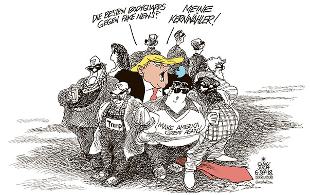 Oliver Schopf, politischer Karikaturist aus Österreich, politische Karikaturen aus Österreich, Karikatur Cartoon Illustrationen Politik Politiker international 2018 
USA TRUMP FAKE NEWS SICHERHEIT SECURITY SECRET SERVICE WÄHLER KERNWÄHLERSCHICHT        
