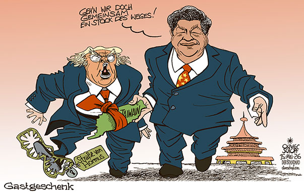 Oliver Schopf, politischer Karikaturist aus Österreich, politische Karikaturen aus Österreich, Karikatur Cartoon Illustrationen Politik Politiker international @oliverschopf.bsky.social 2026: TRUMP STAATSBESUCH CHINA XI JINPING DEAL GESPRÄCHE VERHANDLUNGEN STRASSE VON HORMUS TAIWAN FALLE STRICK UM DEN HALS KRAWATTE SCHWÄCHE STÄRKE 


