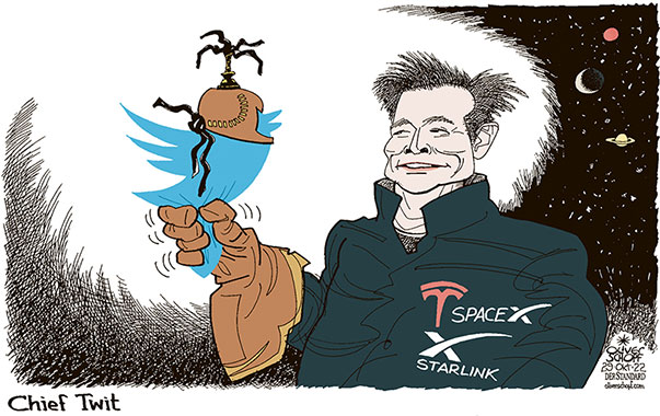 Oliver Schopf, politischer Karikaturist aus Österreich, politische Karikaturen aus Österreich, Karikatur Cartoon Illustrationen Politik Politiker international 2022: TWITTER ELON MUSK CHIEF TWIT FALKNER KAUF CHEF TESLA SPACEX STARLINK



