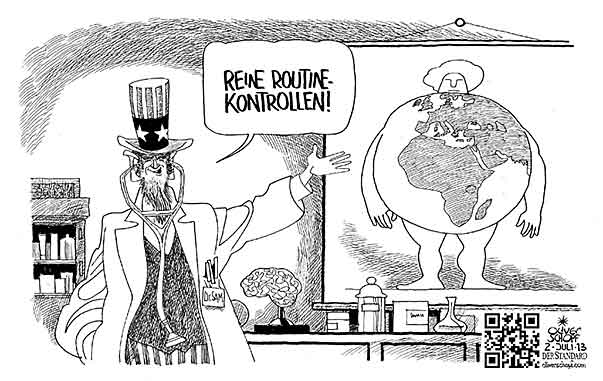 Oliver Schopf, politischer Karikaturist aus Österreich, politische Karikaturen aus Österreich, Karikatur Illustrationen Politik Politiker international 2013 USA UNCLE SAM ABHOEREN NSA SPIONAGE GEHEIMDIENST ARZT STETHOSKOP GESUNDHEIT KONTROLLE