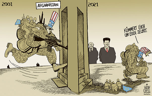 Oliver Schopf, politischer Karikaturist aus Österreich, politische Karikaturen aus Österreich, Karikatur Cartoon Illustrationen Politik Politiker international 2021: AFGHANISTAN USA TRUPPEN ABZUG KABUL TERROR KRIEG 9/11 EINMARSCH EU EUROPA NATO RÜCKZUG HEGEMONIE SCHRUMPFEN PUTIN XI JINPING  

