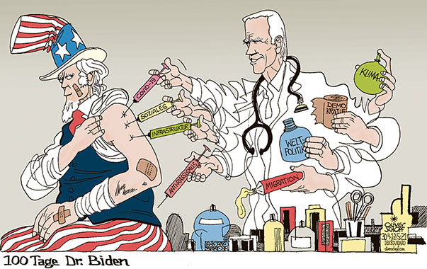Oliver Schopf, politischer Karikaturist aus Österreich, politische Karikaturen aus Österreich, Karikatur Cartoon Illustrationen Politik Politiker international 2021: USA JOE BIDEN PRÄSIDENT 100 TAGE UNCLE SAM ARZT DOKTOR MEDIZIN BEHANDLUNG IMPFEN MEDIKAMENTE HEILEN HEALING  
