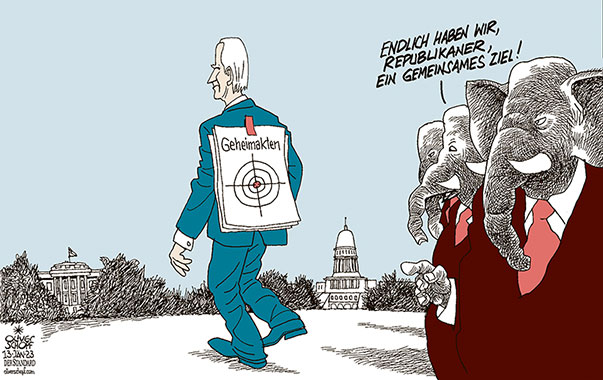 Oliver Schopf, politischer Karikaturist aus Österreich, politische Karikaturen aus Österreich, Karikatur Cartoon Illustrationen Politik Politiker international 2023: USA JOE BIDEN AKTEN GEHEIMDOKUMENTE REPUBLIKANER ZIELSCHEIBE ELEFANT WASHINGTON DC WEISSES HAUS KAPITOL CAPITOL HILL WHITE HOUSE 
  
