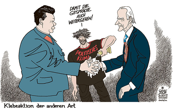 Oliver Schopf, politischer Karikaturist aus Österreich, politische Karikaturen aus Österreich, Karikatur Cartoon Illustrationen Politik Politiker international 2022: G 20 GIPFEL BALI XI JINPING JOE BIDEN USA CHINA HÄNDE SCHÜTTELN POLITISCHES KLIMA AKTIVIST SEKUNDENKLEBER KLEBER GESPRÄCHE REDEN 






