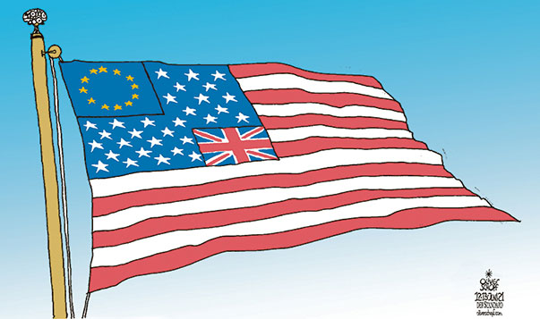 Oliver Schopf, editorial cartoons from Austria, cartoonist from Austria, Austrian illustrations, illustrator from Austria, editorial cartoon politics politician International, Politico, Cartoon Arts International, 2021: USA EU GB EUROPEAN UNION GREAT BRITAIN FLAG UNION JACK STARS AND STRIPES NATO PARTNER PARTNERSHIP ALLIANCE    

