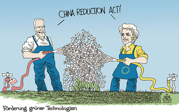 Oliver Schopf, politischer Karikaturist aus Österreich, politische Karikaturen aus Österreich, Karikatur Cartoon Illustrationen Politik Politiker international 2023: USA EU BIDEN VON DER LEYEN IRA INFLATION REDUCTION ACT FÖRDERUNGEN SUBVENTION CHINA WIRTSCHAFT HANDEL PRODUKTION GARTEN GIESSEN WASSER GELD GRÜN TECHNOLOGIEN

