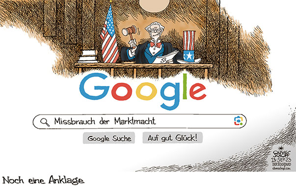 Oliver Schopf, politischer Karikaturist aus Österreich, politische Karikaturen aus Österreich, Karikatur Cartoon Illustrationen Politik Politiker international 2023: USA GOOGLE SUCHMASCHINE ANKLAGE GERICHT WASHINGTON DC JUSTIZMINISTERIUM MONOPOL KARTELL MARKT MARKTMACHT UNCLE SAM RICHTER

