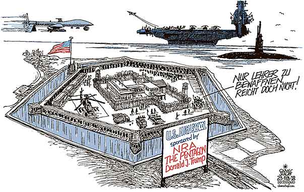 Oliver Schopf, politischer Karikaturist aus Österreich, politische Karikaturen aus Österreich, Karikatur Cartoon Illustrationen Politik Politiker international 2018 
USA FLORIDA HIGHSCHOOL PARKLAND SCHIESSEREI GUN LEHRER BEWAFFNUNG NRA TRUMP FORT JEFFERSON KRIEG FLUGZEUGTRÄGER DROHNE
VERTEIDIGUNG         
