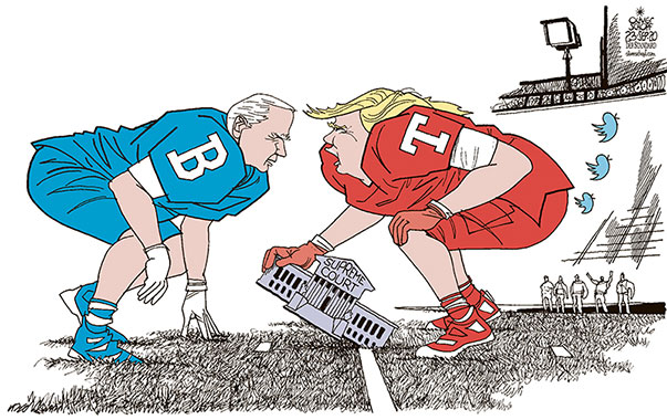 Oliver Schopf, politischer Karikaturist aus Österreich, politische Karikaturen aus Österreich, Karikatur Cartoon Illustrationen Politik Politiker international 2020: USA HÖCHSTGERICHT OBERSTER GERICHTSHOF RUTH BADER GINSBURG TOD ERNENNUNG BARRETT PRÄSIDENTENWAHL TRUMP BIDEN FOOTBALL MATCH REPUBLIKANER DEMOKRATEN  



