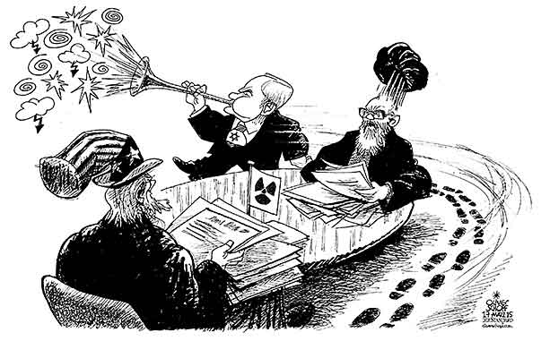 Oliver Schopf, editorial cartoons from Austria, cartoonist from Austria, Austrian illustrations, illustrator from Austria, editorial cartoon 2015 USA IRAN ISRAEL NETANYAHU NUCLEAR TALKS TRUMPET   
   
