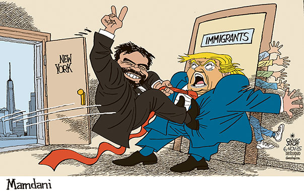 Oliver Schopf editorial cartoon: November 4, 2025: Democrat Zohran Mamdani is elected mayor of New York, who promises to transform city government to restore power to the working class and fight back against a hostile Trump administration.
Oliver Schopf, editorial cartoons from Austria, cartoonist from Austria, Austrian illustrations, illustrator from Austria, editorial cartoon politics politician International, Cartoon Movement, @oliverschopf.bsky.social 2025: USA NEW YORK ELECTION MAYOR ZOHRAN MAMDANI DEMOCRATIC PARTY TRUMP IMMIGRATION IMMIGRANTS PUSH BACK TIE