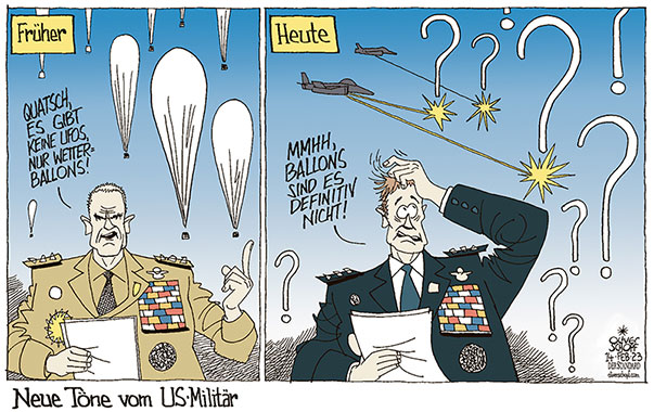 Oliver Schopf politische Karikaturen: Im Februar 2023 werden innerhalb von zwei Tagen drei unbekannte Flugobjekte von US-Kampfjets über den USA und Kanada abgeschossen.
Oliver Schopf, politischer Karikaturist aus Österreich, politische Karikaturen aus Österreich, Karikatur Cartoon Illustrationen Politik Politiker international 2023: USA MILITÄR UFO ALASKA KANADA ABSCHUSS F-16 GENERAL WETTERBALLON MOGUL FRAGEZEICHEN