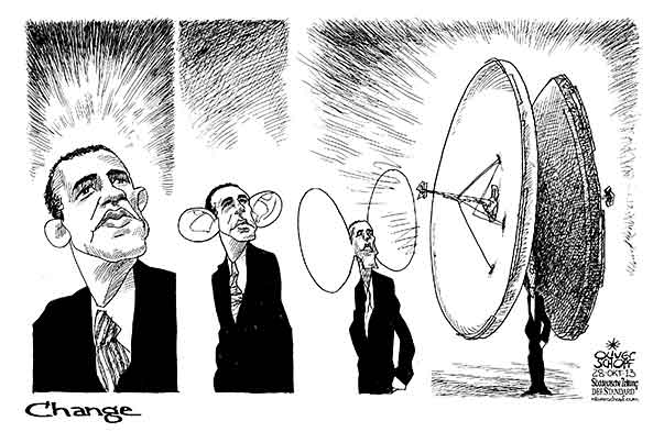  Oliver Schopf, politischer Karikaturist aus Österreich, politische Karikaturen, Illustrationen Archiv politische Karikatur Welt USA Präsident der Vereinigten Staaten von Amerika Barack Obama  2013 USA OBAMA NSA GEHEIMDIENST ABHOEREN MERKEL HANDY SATELLITENSCHUESSEL OHR
