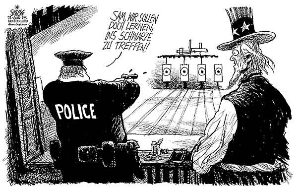 Oliver Schopf, politischer Karikaturist aus Österreich, politische Karikaturen aus Österreich, Karikatur Cartoon Illustrationen Politik Politiker international 2015 USA POLIZEI SCHIESSEN SCHIESSSTAND SCHWARZE INS SCHWARZE TREFFEN UNCLE SAM
 