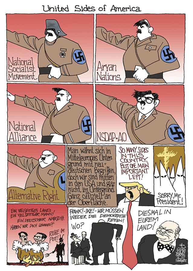  Oliver Schopf, politischer Karikaturist aus Österreich, politische Karikaturen, Illustrationen Archiv politische Karikatur Welt 2017 USA RECHTSEXTREM NAZI PARTEIEN  ALT RIGHT PARTY KU KLUX KLAN TRUMP SO MANY SIDES HITLER GOEBBELS HÖLLE FRANKLIN D ROOSEVELT DWIGHT D EISENHOWER IKE CHURCHILL DEMOKRATIE 





