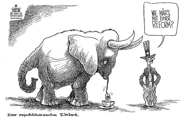 Oliver Schopf, politischer Karikaturist aus Österreich, politische Karikaturen aus Österreich, Karikatur Illustrationen Politik Politiker international 2012 USA REPUBLIKANER ELEFANT UNCLE SAM NIEDERLAGE REFORM PRAESIDENTSCHAFTSWAHL 2012