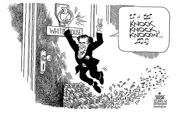 Oliver Schopf, politischer Karikaturist aus Österreich, politische Karikaturen aus Österreich, Karikatur Illustrationen Politik Politiker international 2012 USA MITT ROMNEY REPUBLIKANER HERAUSFORDER WAHLEN WEISSES HAUS TUER KLOPFEN