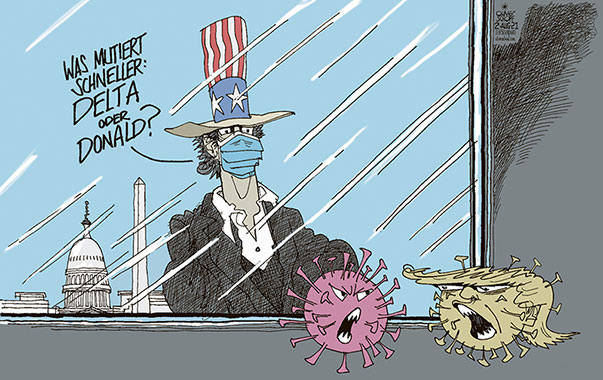 Oliver Schopf, politischer Karikaturist aus Österreich, politische Karikaturen aus Österreich, Karikatur Cartoon Illustrationen Politik Politiker international 2021: CORONAVIRUS KRISE SARS-CoV-2 COVID-19 USA UNCLE SAM TRUMP VIRUS MUTATION VARIANTE DELTA LÜGE WASHINGTON KONGRESS KAPITOL



