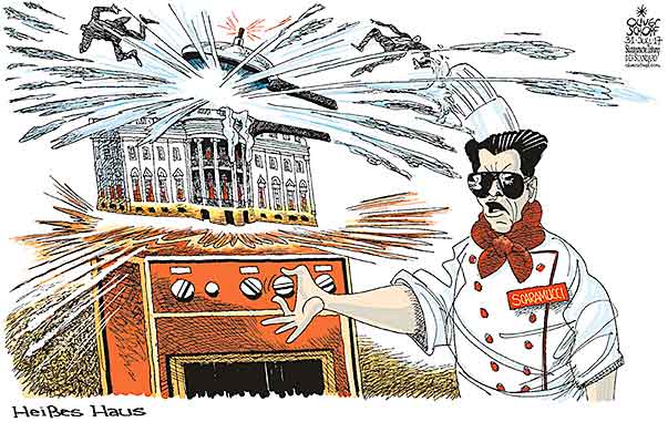  Oliver Schopf, politischer Karikaturist aus Österreich, politische Karikaturen, Illustrationen Archiv politische Karikatur Welt USA Donald Trump Präsident der Vereinigten Staaten von Amerika 2017 USA WEISSES HAUS SCARAMUCCI SPRECHER KOCH KOCHTOPF DRUCKTOPF HERD EXPLODIEREN HEISS 




