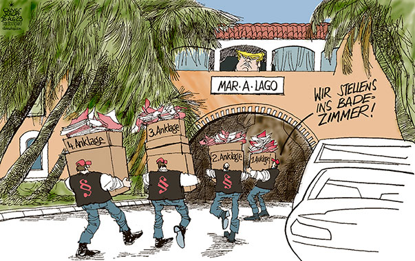 Oliver Schopf, politischer Karikaturist aus Österreich, politische Karikaturen aus Österreich, Karikatur Cartoon Illustrationen Politik Politiker international 2023: USA TRUMP VIER ANKLAGEN MAR-A-LAGO PALM BEACH ANWESEN AKTEN BADEZIMMER JUSTIZ GEORIGIA

 





