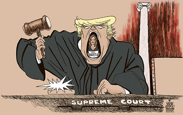 Oliver Schopf, editorial cartoons from Austria, cartoonist from Austria, Austrian illustrations, illustrator from Austria, editorial cartoon politics politician International, Politico, Cartoon Arts International, 2020: USA TRUMP GINSBURG SUPREME COURT JUDGE AMY CONEY BARRETT NOMINATION




