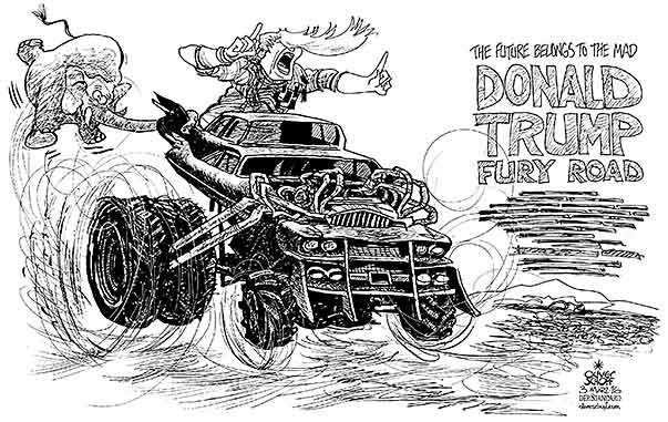 Oliver Schopf, editorial cartoons from Austria, cartoonist from Austria, Austrian illustrations, illustrator from Austria, editorial cartoon politics politician International, Cartoon Arts International, New York Times Syndicate, Cagle cartoon 2016 USA DONALD TRUMP PRESIDENT ELECTIONS PRIMARIES SUPER TUESDAY REPUBLICANS GOP ELEFANT NOMINATION MOVIE MAD MAX FURY ROAD IMMORTAN JOE OSCAR ACADEMY AWARDS  

