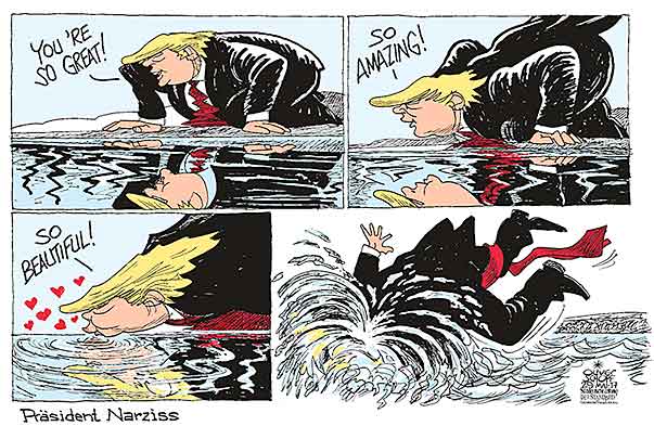  Oliver Schopf, politischer Karikaturist aus Österreich, politische Karikaturen, Illustrationen Archiv politische Karikatur Welt USA Donald Trump Präsident der Vereinigten Staaten von Amerika 2017 USA TRUMP NARZISS SPIEGELBILD SEE NARZISSMUS LIEBE MYTHOLOGIE 




