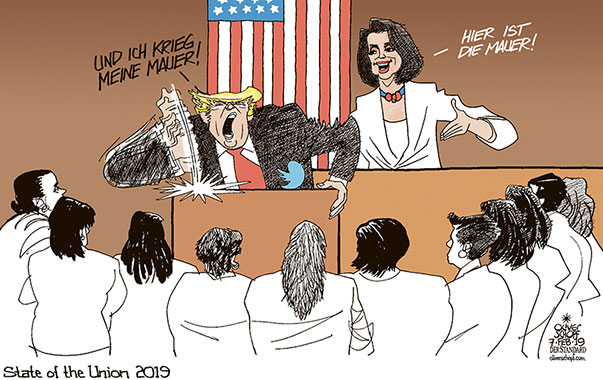 Oliver Schopf, politischer Karikaturist aus Österreich, politische Karikaturen aus Österreich, Karikatur Cartoon Illustrationen Politik Politiker international 2019 
USA STATE OF THE UNION ADDRESS REDE ZUR LAGE DER NATION TRUMP PELOSI MAUER MEXIKO FRAUEN IN WEISS           
